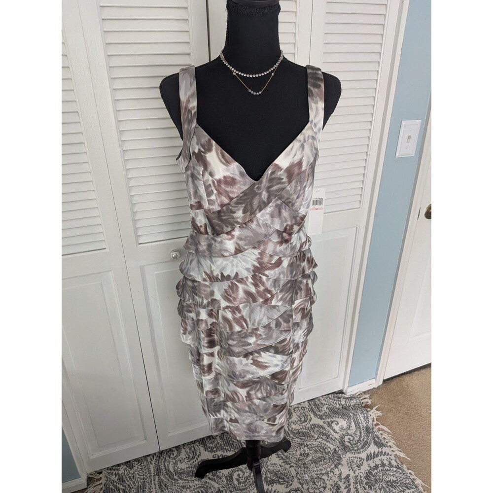 London Times Dress Womens 10 Gray Metallic Satin Party Wedding Guest Tiered NEW